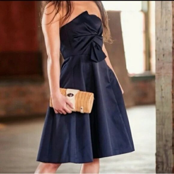 H&M Navy Blue Strapless Bow Detail Fit Flare Dress Size 8 - Picture 1 of 9